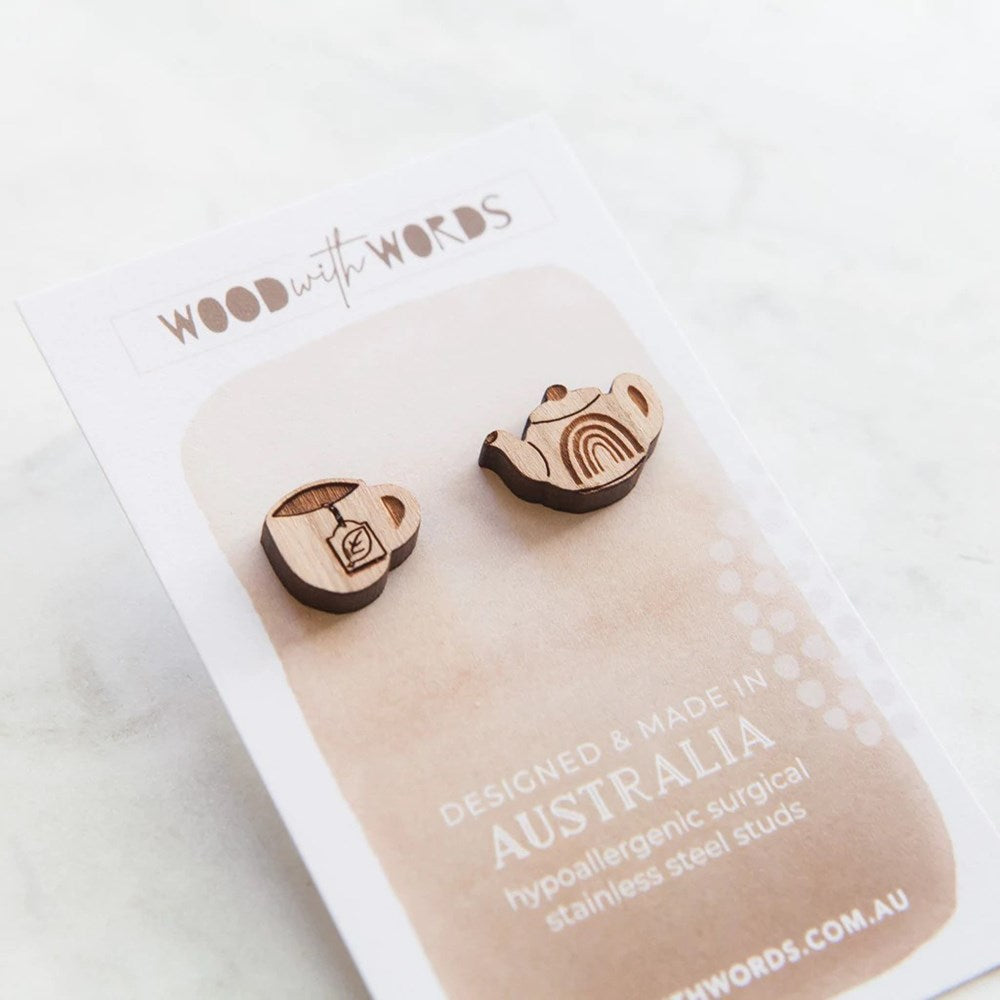 Wood With Words: Wooden Stud Earrings Tea Pot Tea Cup