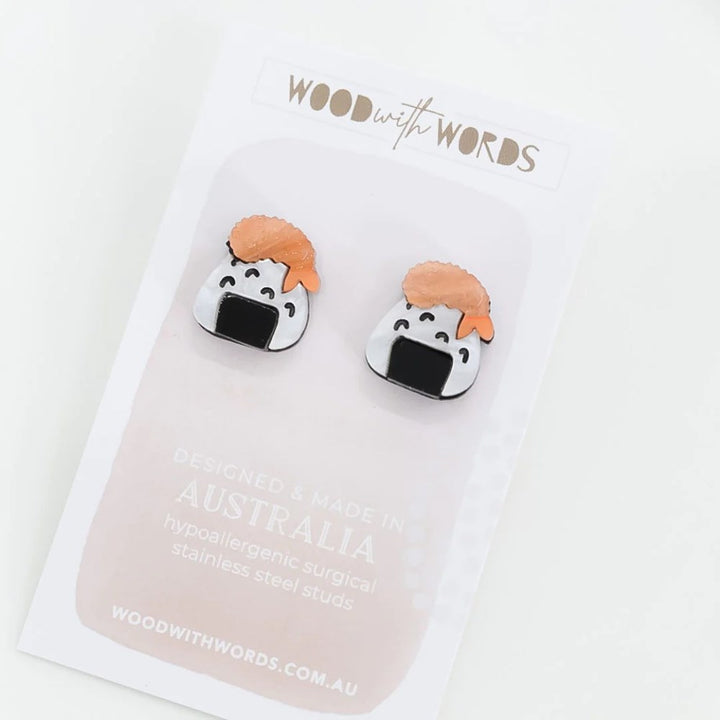 Wood With Words: Acrylic Stud Earrings Tempura Prawn Riceball Onigiri