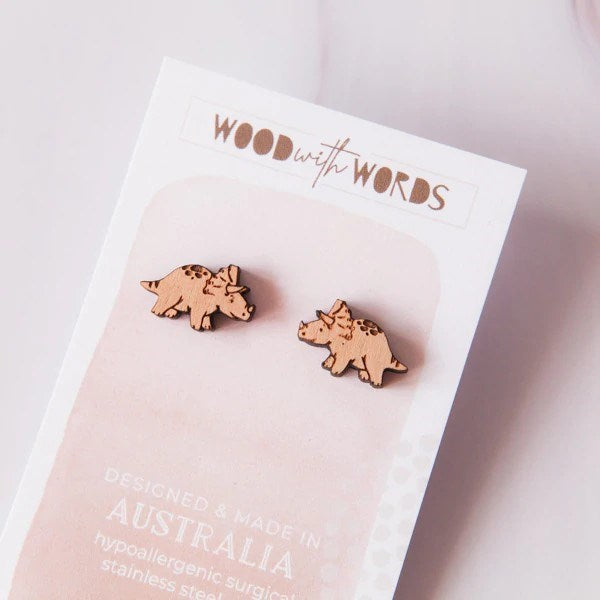 Wood With Words: Wooden Stud Earrings Triceratops