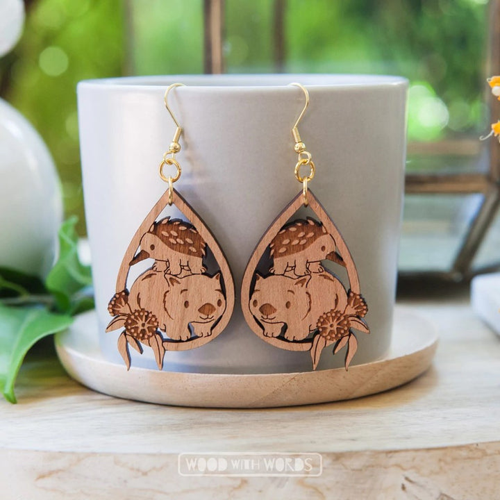 Wood With Words: Dangle Earrings Wombat Echidna