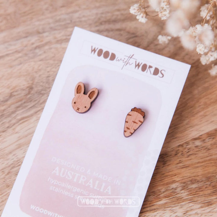 Wood With Words: Wooden Stud Earrings Rabbit and Carrot