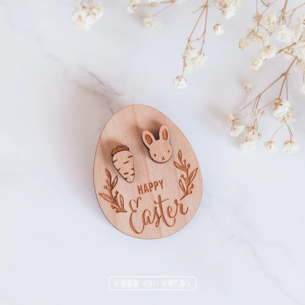 Wood With Words: Wooden Stud Earrings Rabbit and Carrot